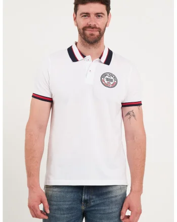 Tricou polo de bumbac cu logo brodat, Alb optic