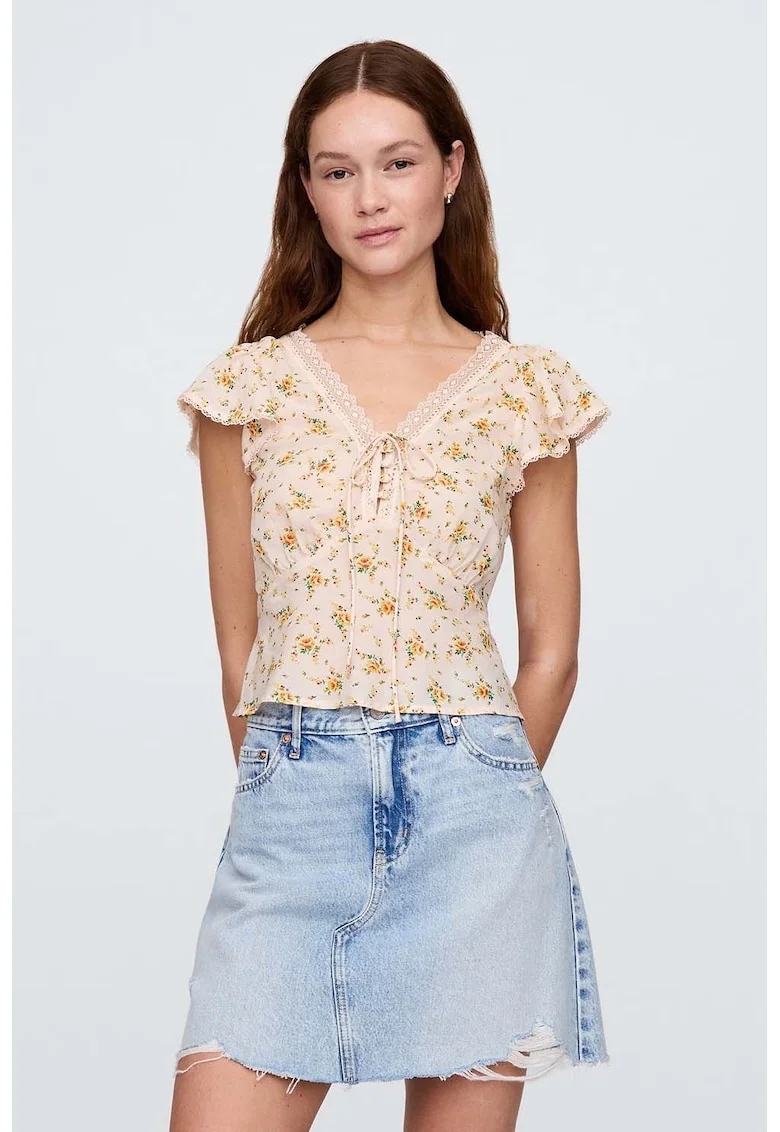 Bluza cu model floral si insertii de dantela, Verde/Galben/Piersica