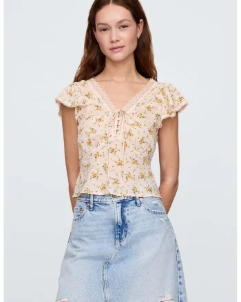 Bluza cu model floral si insertii de dantela, Verde/Galben/Piersica