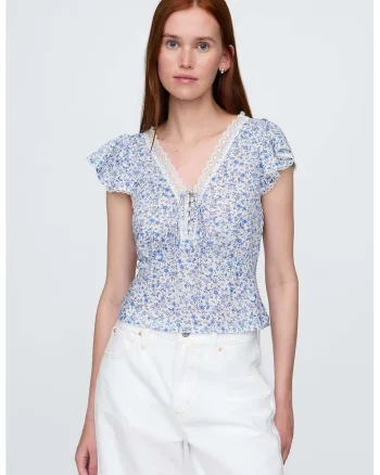 Bluza cu model floral si insertii de dantela, Alb/Albastru