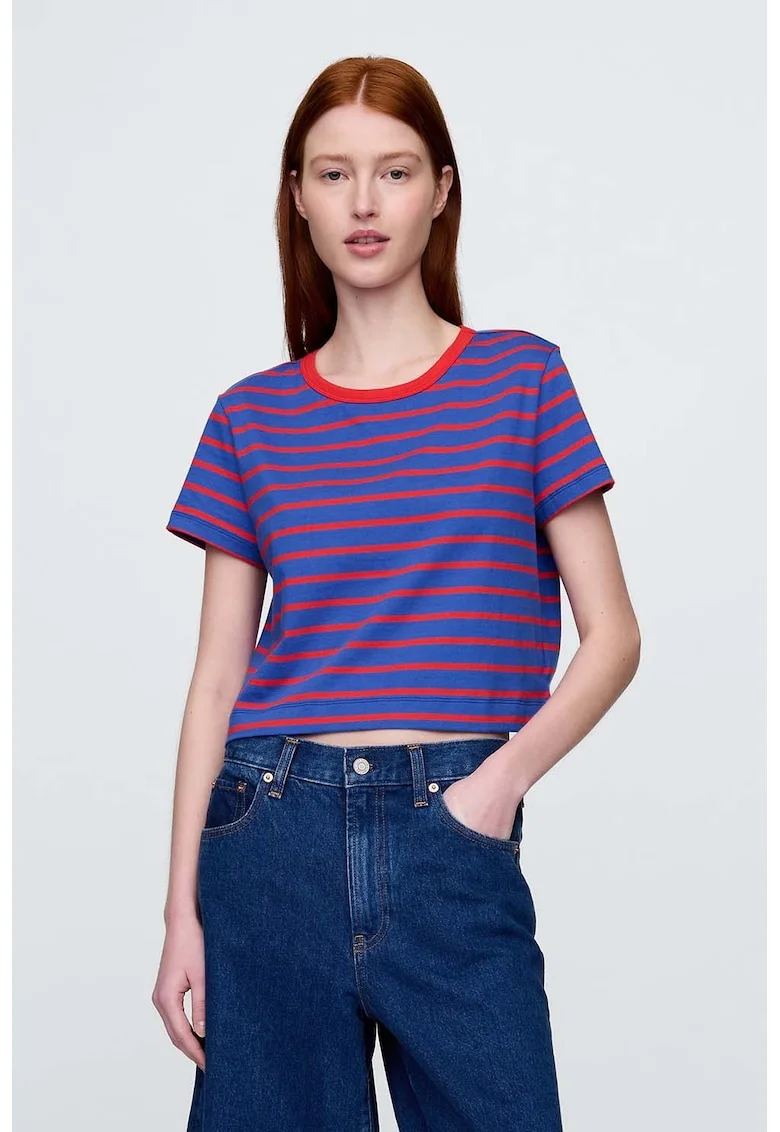 Tricou crop cu model in dungi, Rosu vermillion/Albastru