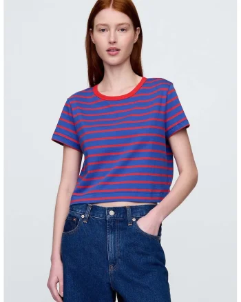 Tricou crop cu model in dungi, Rosu vermillion/Albastru