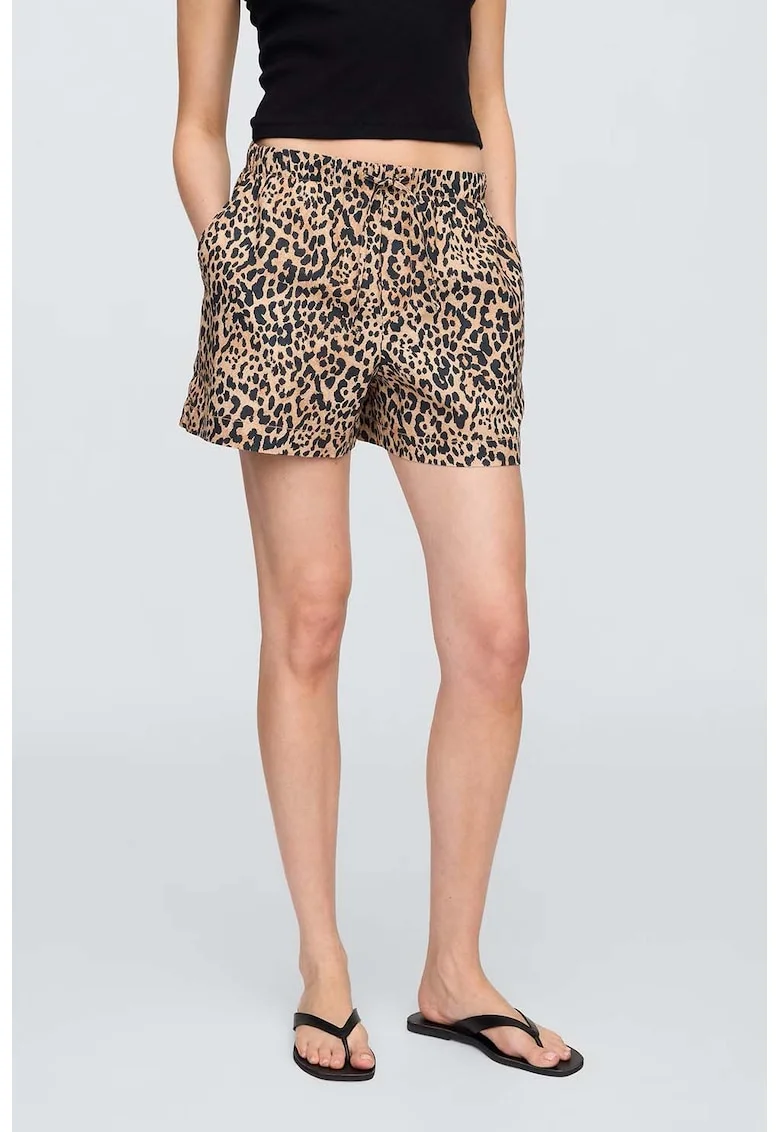 Pantaloni scurti din amestec de in cu model uni, Negru/Bej