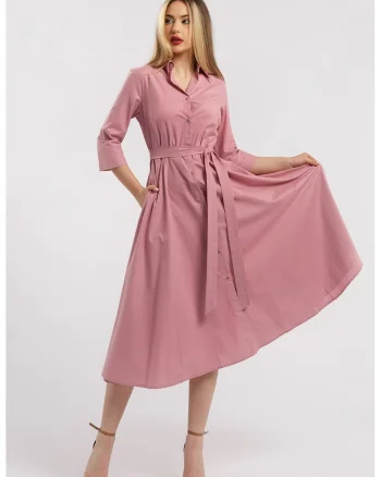Rochie-camasa evazata cu cordon in talie, Roz prafuit