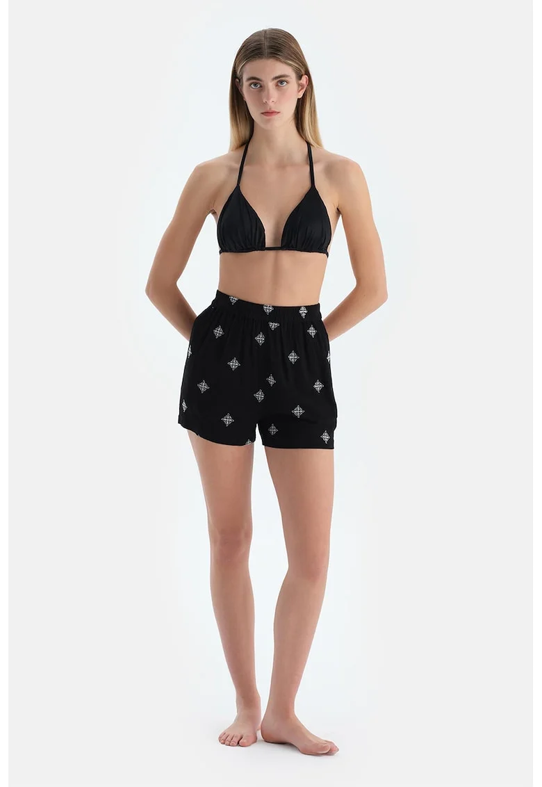 Pantaloni scurti cu model si talie inalta, Alb/Negru