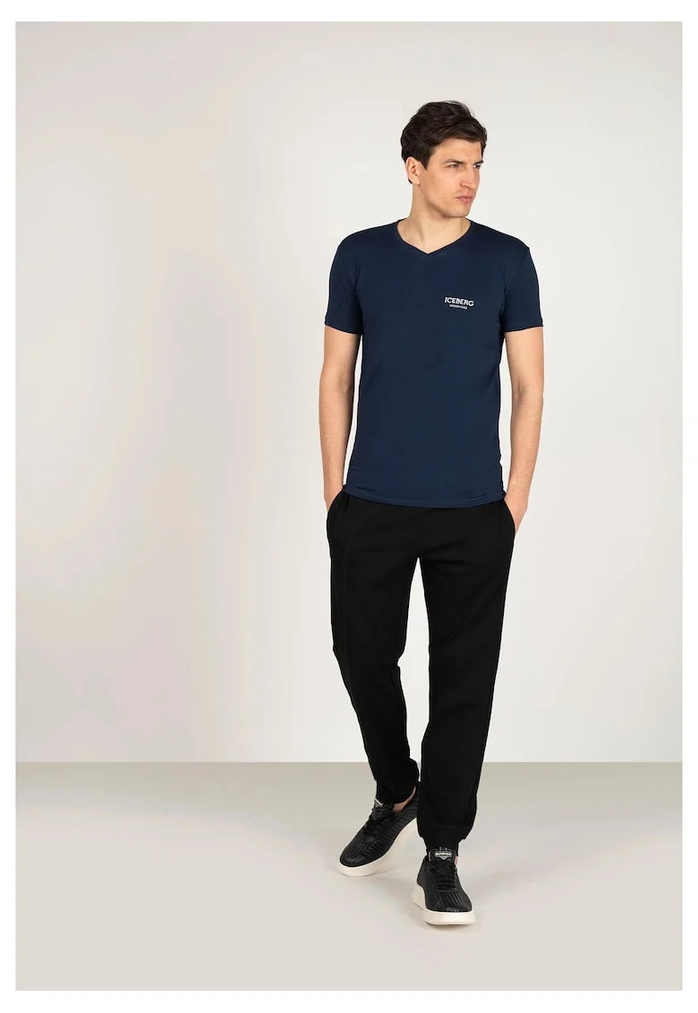 Tricou slim fit cu decolteu in V, Bleumarin