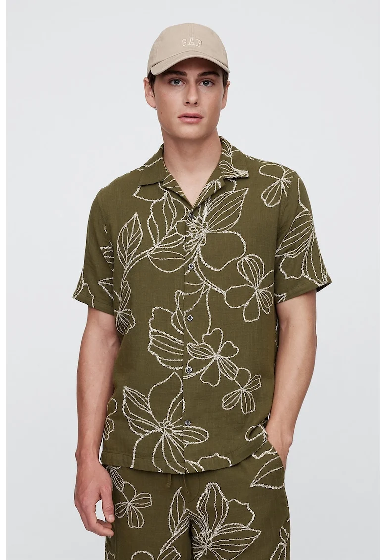 Camasa cu maneci scurte si imprimeu floral, Verde sparanghel