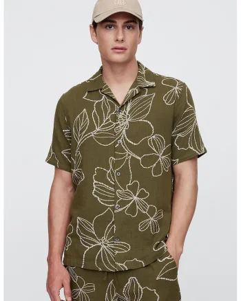 Camasa cu maneci scurte si imprimeu floral, Verde sparanghel