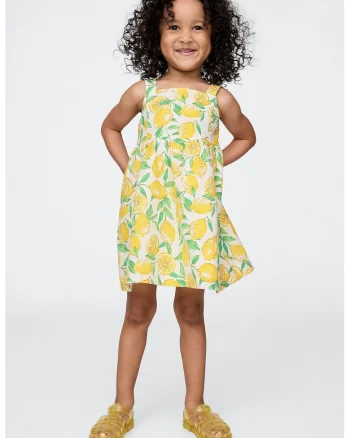 Rochie din amestec de in cu model cu lamaie, Alb/Galben deschis/Verde deschis