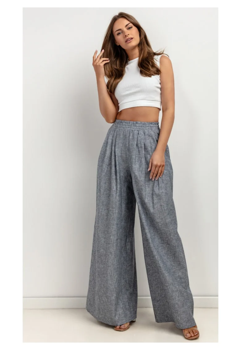 Pantaloni palazzo cu talie elastica, din amestec de in