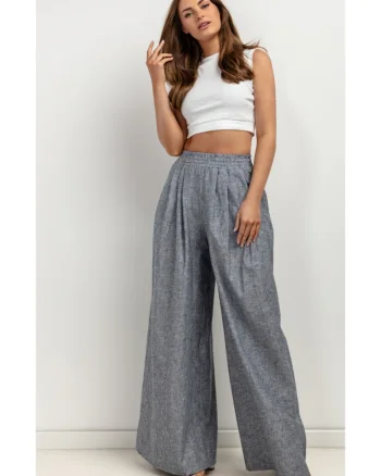 Pantaloni palazzo cu talie elastica, din amestec de in