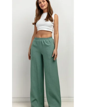 Pantaloni texturati cu croiala ampla si talie elastica