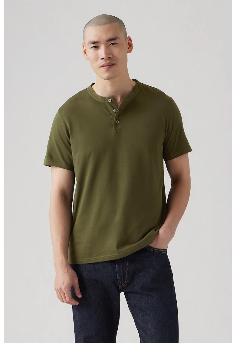 Tricou de bumbac cu fenta scurta cu nasturi, Kaki inchis