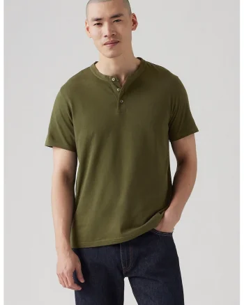 Tricou de bumbac cu fenta scurta cu nasturi, Kaki inchis