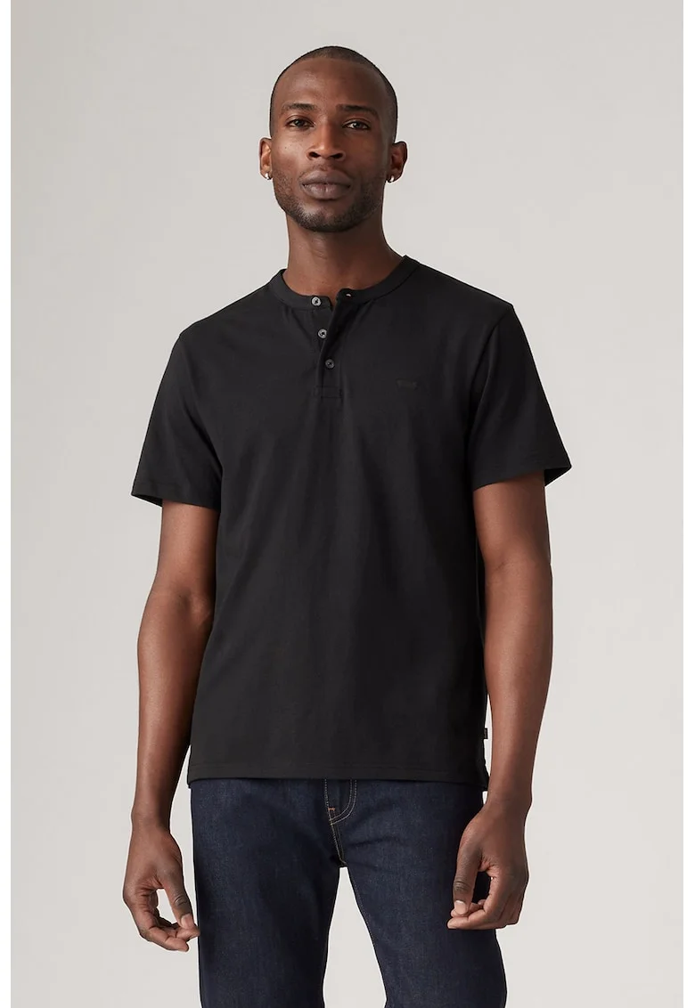 Tricou de bumbac cu fenta scurta cu nasturi, Negru