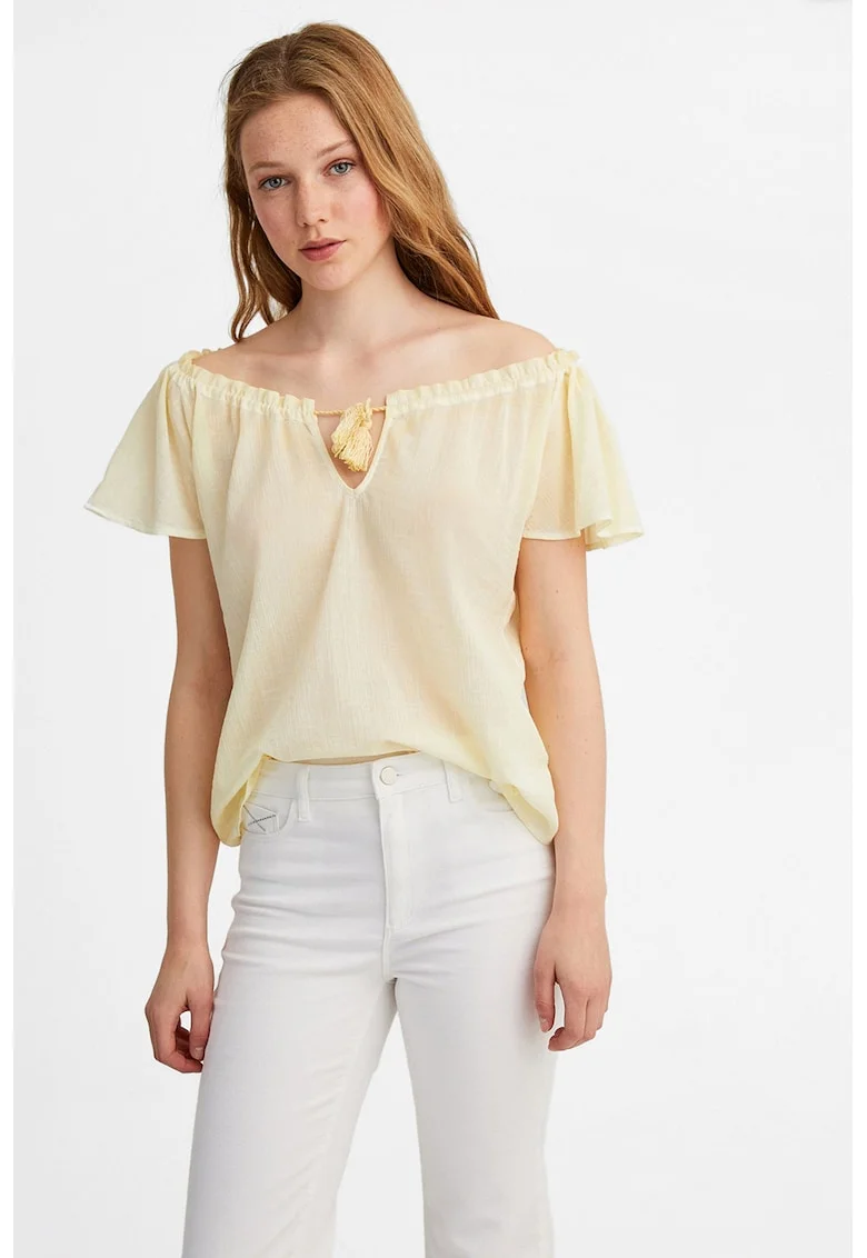 Bluza din bumbac cu decolteu pe umeri, Bej