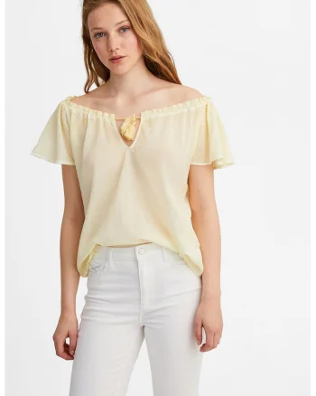 Bluza din bumbac cu decolteu pe umeri, Bej
