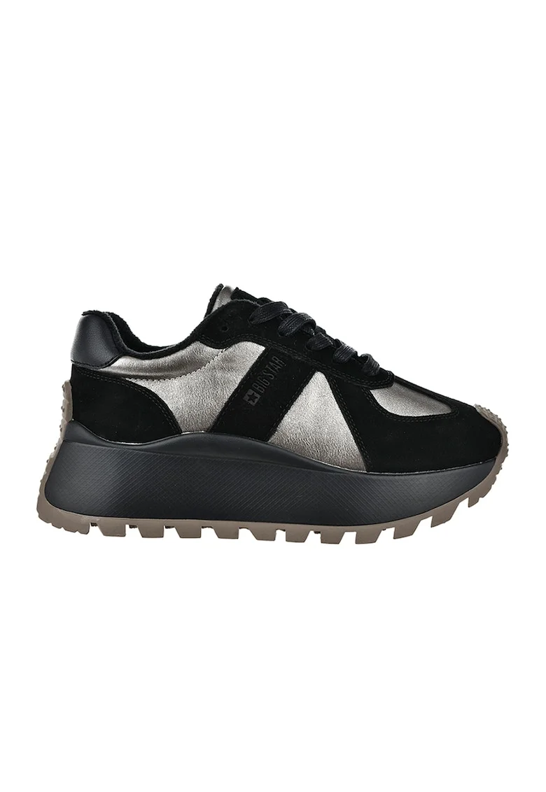 Pantofi sport de piele si piele intoarsa, Negru/Argintiu/Gri inchis