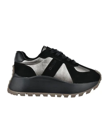 Pantofi sport de piele si piele intoarsa, Negru/Argintiu/Gri inchis