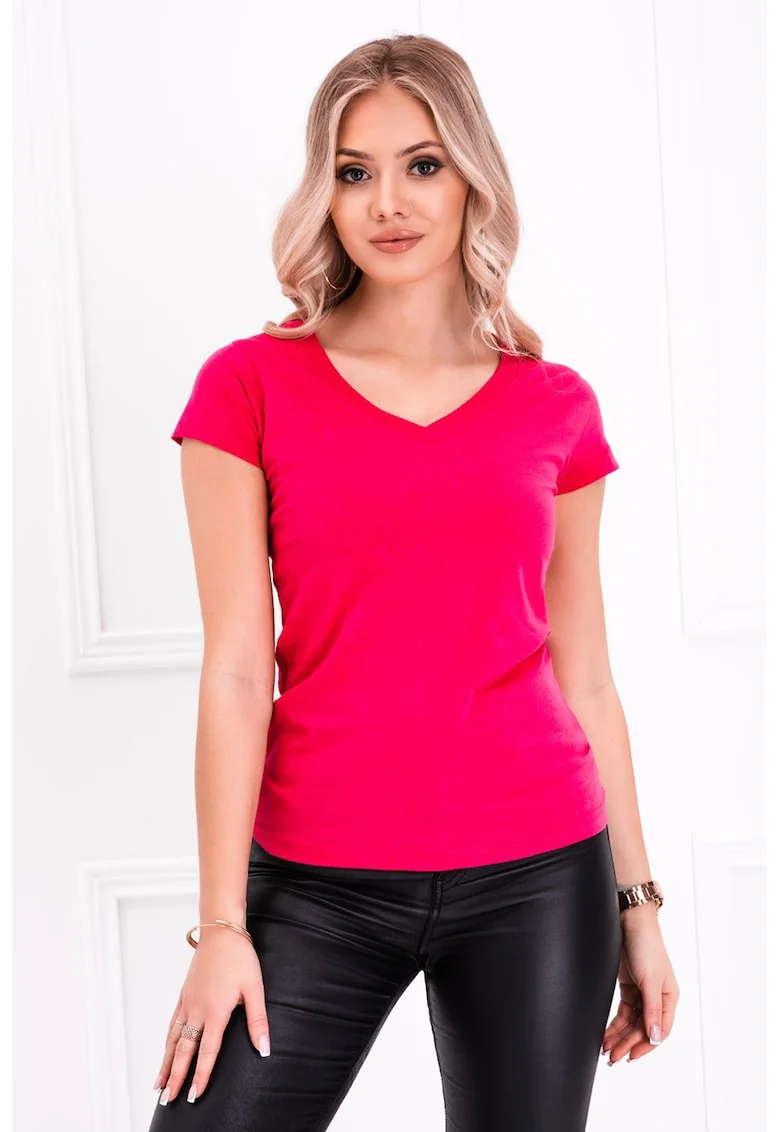 Tricou de bumbac cu decolteu in V, Roz