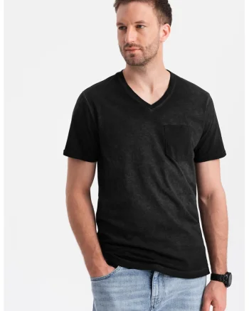 Tricou din bumbac cu decolteu in V si buzunar pe piept, Negru stins