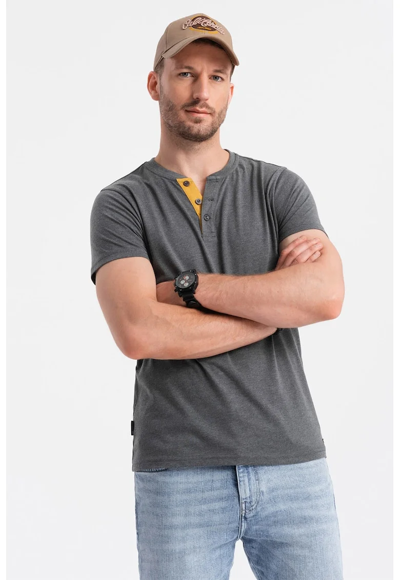 Tricou cu model uni si decolteu henley, Gri inchis