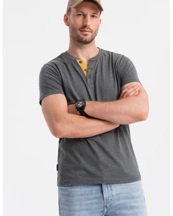 Tricou cu model uni si decolteu henley, Gri inchis
