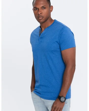 Tricou cu model uni si decolteu henley, Albastru royal