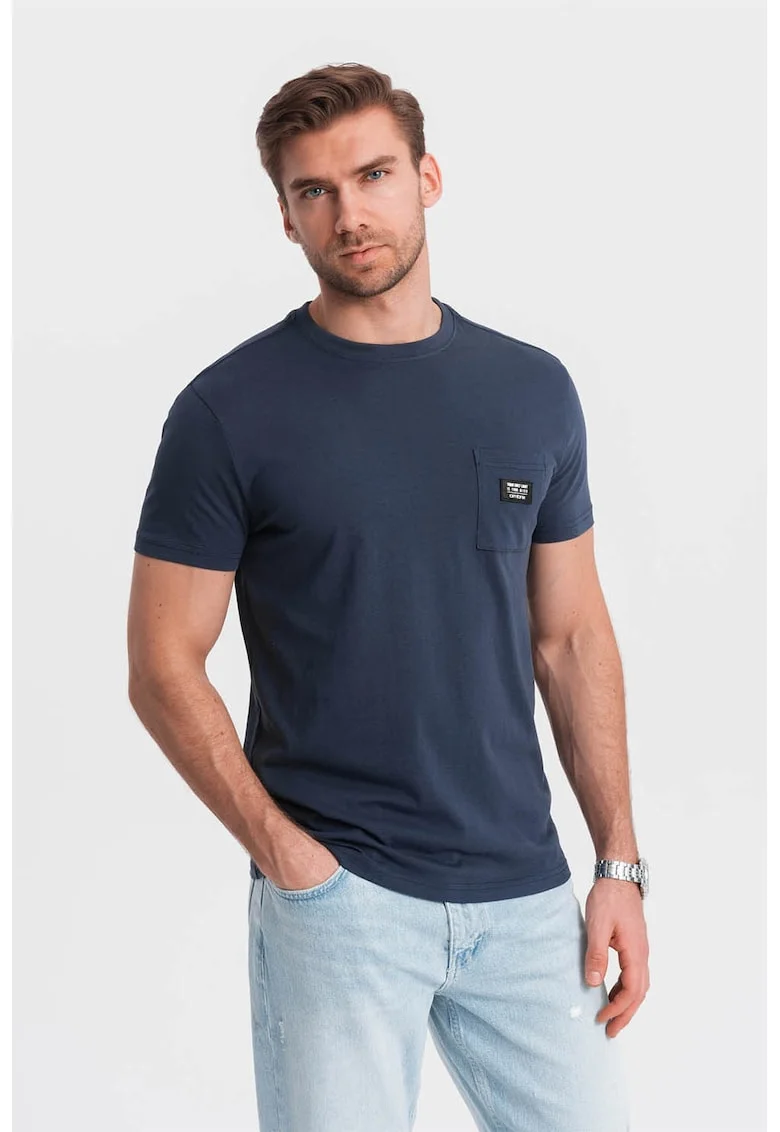 Tricou cu decolteu la baza gatului si buzunar pe piept, Bleumarin