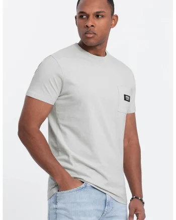Tricou cu decolteu la baza gatului si buzunar pe piept, Gri deschis