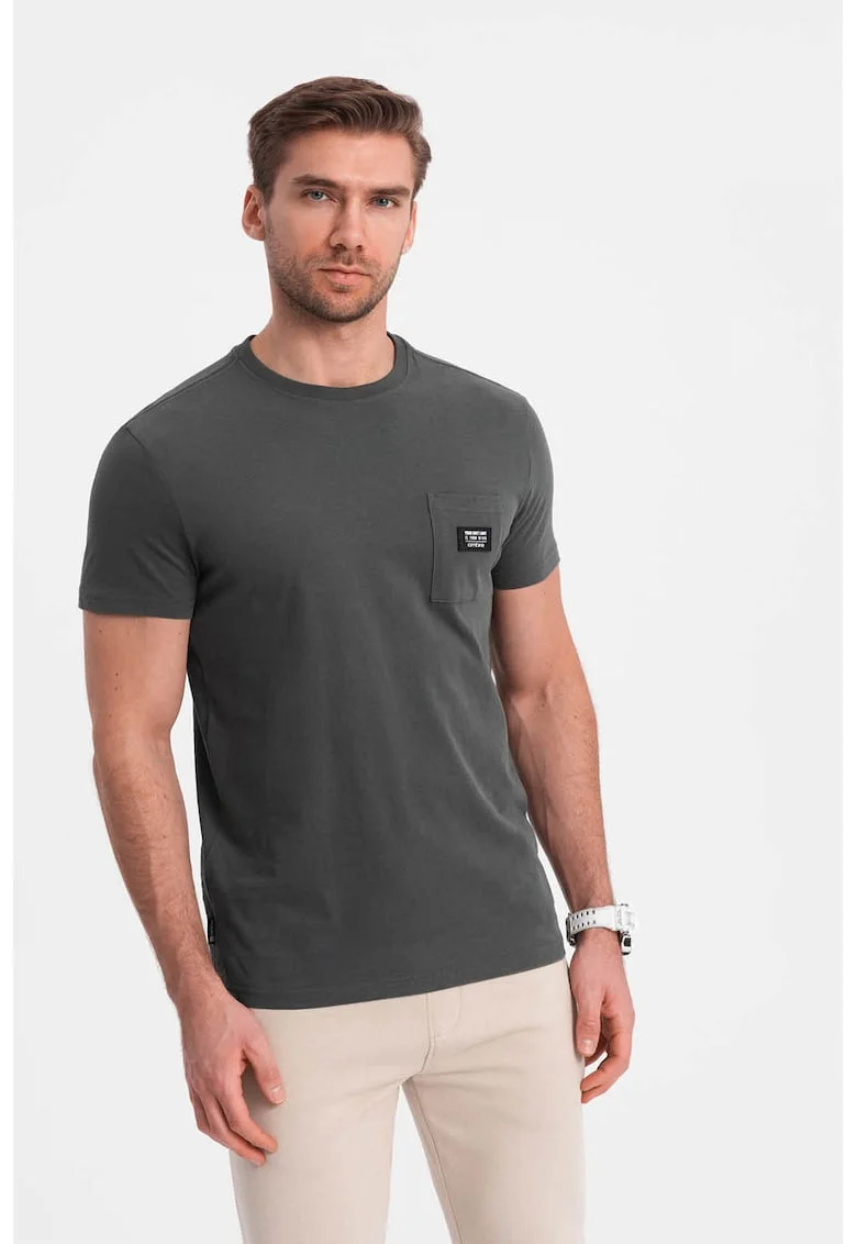 Tricou cu decolteu la baza gatului si buzunar pe piept, Gri inchis