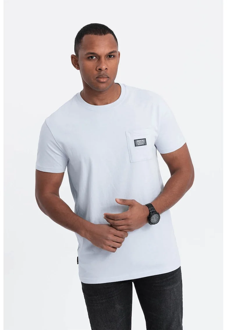 Tricou cu decolteu la baza gatului si buzunar pe piept, Albastru deschis
