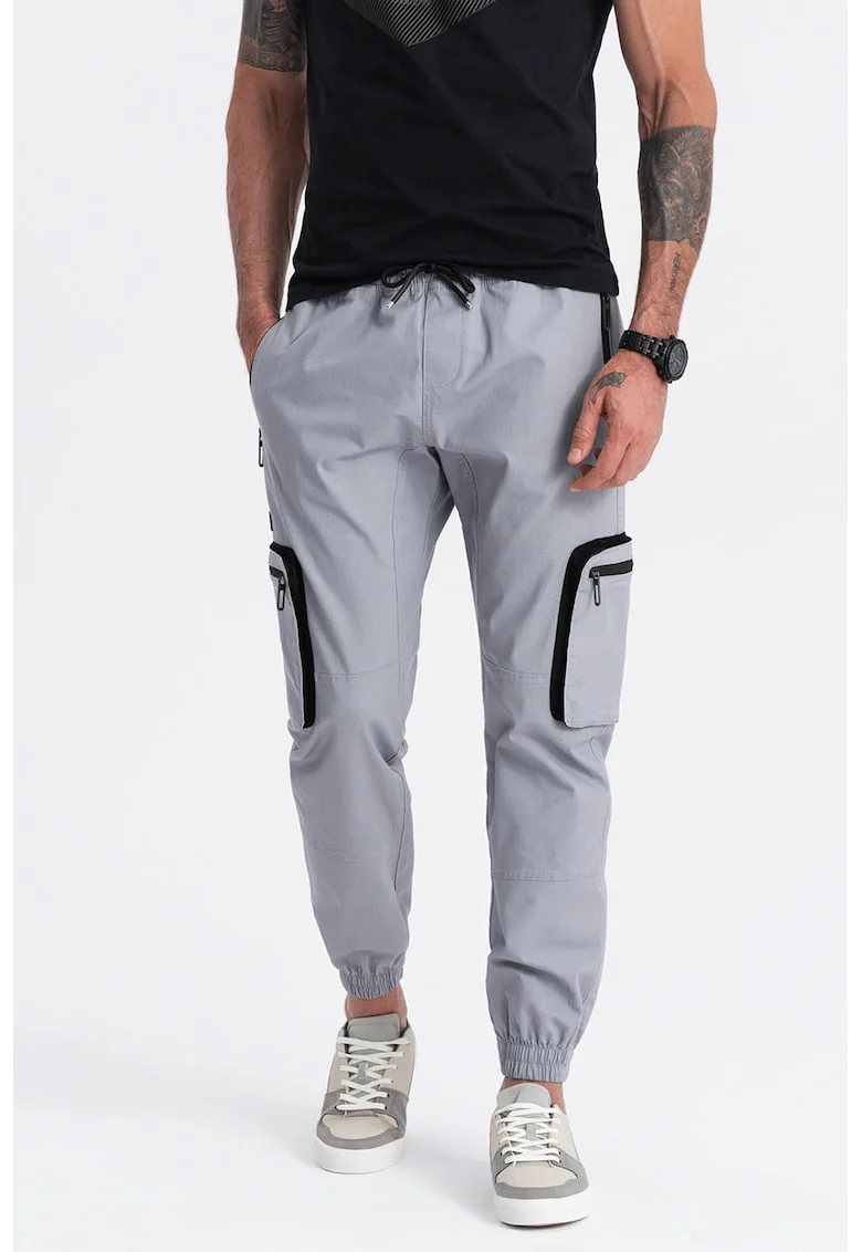 Pantaloni cargo cu mansete elastice, Negru/Gri deschis
