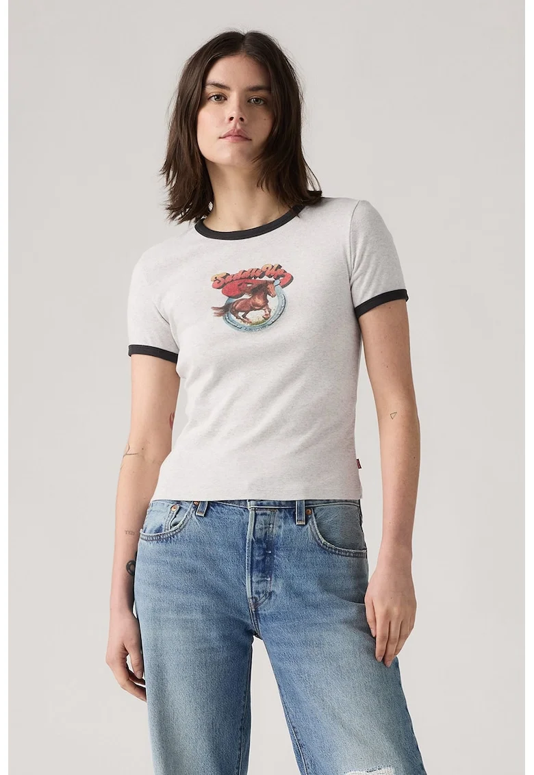Tricou crop cu imprimeu grafic, Rosu/Alb/Maro