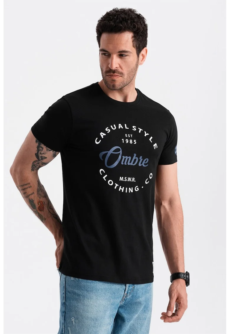 Tricou regular fit cu decolteu la baza gatului si imprimeu, Negru