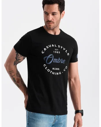 Tricou regular fit cu decolteu la baza gatului si imprimeu, Negru