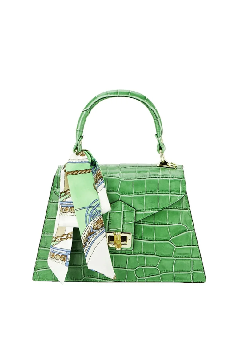 Geanta din piele naturala cu esarfa 8953 121 Negru, Verde, 18x28x9