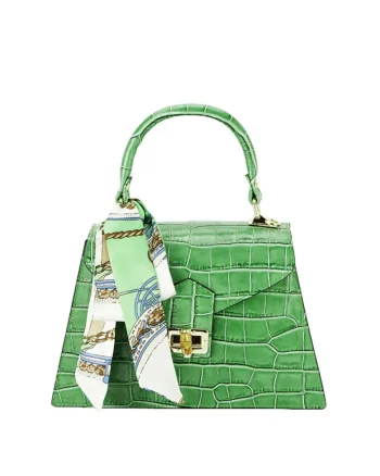 Geanta din piele naturala cu esarfa 8953 121 Negru, Verde, 18x28x9