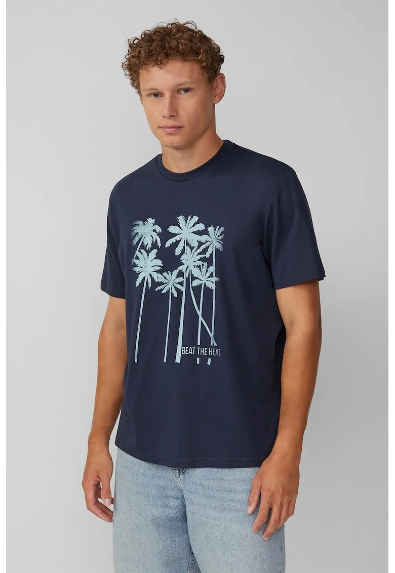 Tricou din bumbac cu model tropical, Albastru glaciar/Bleumarin