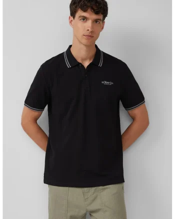 Tricou polo cu imprimeu logo discret, Negru/Gri cenusiu