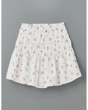 Fusta de bumbac cu imprimeu floral, Coral/Alb optic