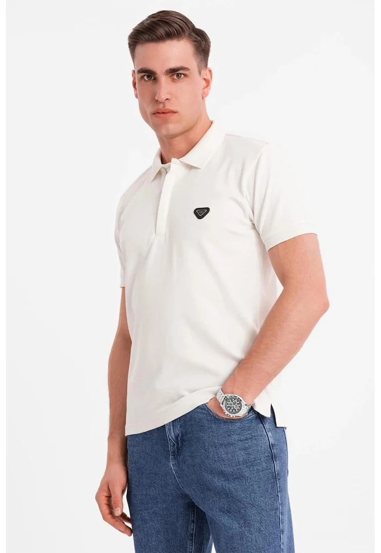 Tricou polo cu fenta cu fermoar, Alb fildes