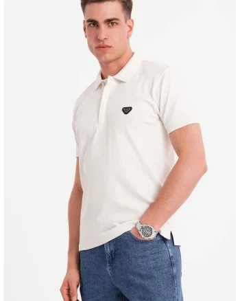 Tricou polo cu fenta cu fermoar, Alb fildes