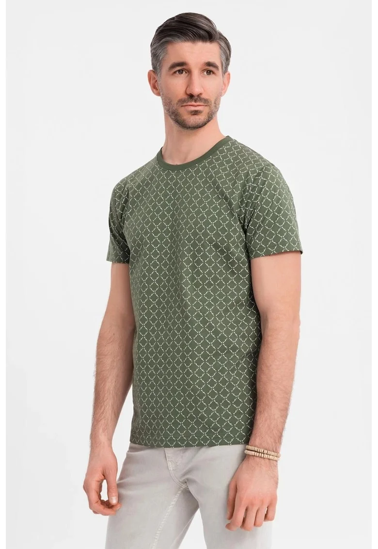 Tricou cu decolteu la baza gatului si model geometric, Verde inchis/Alb murdar