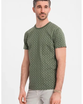 Tricou cu decolteu la baza gatului si model geometric, Verde inchis/Alb murdar