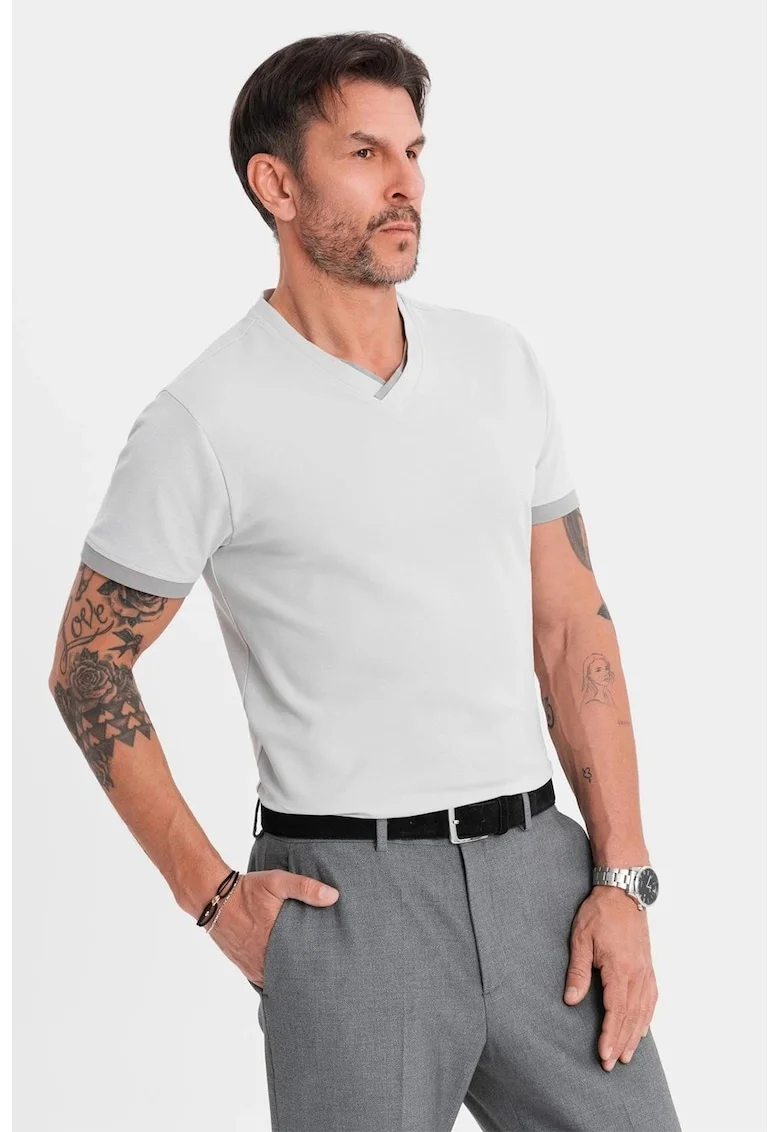 Tricou din bumbac cu decolteu in V, Gri deschis