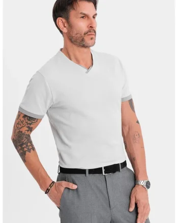 Tricou din bumbac cu decolteu in V, Gri deschis