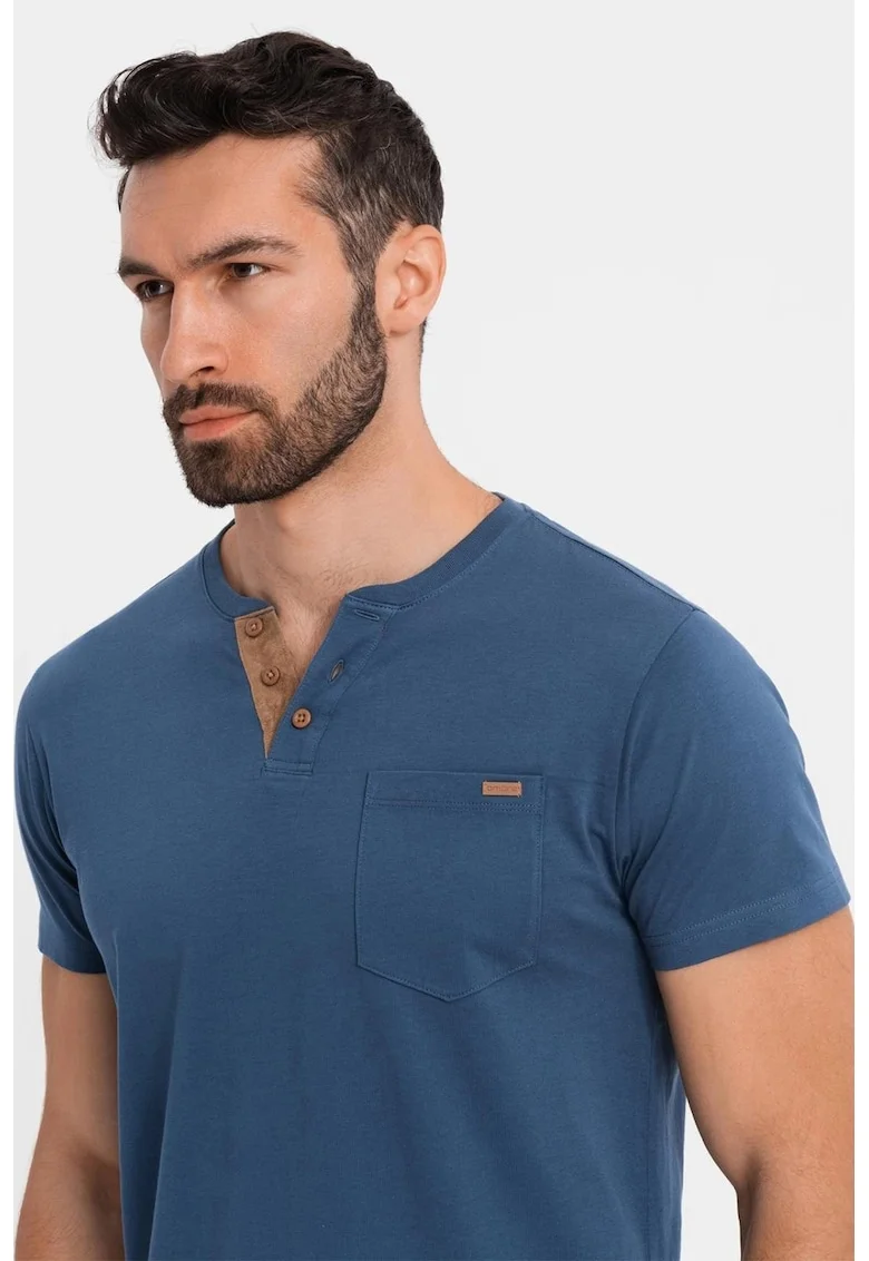 Tricou din bumbac cu fenta cu nasturi, Albastru inchis
