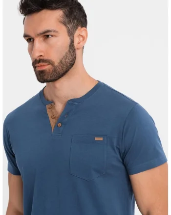 Tricou din bumbac cu fenta cu nasturi, Albastru inchis