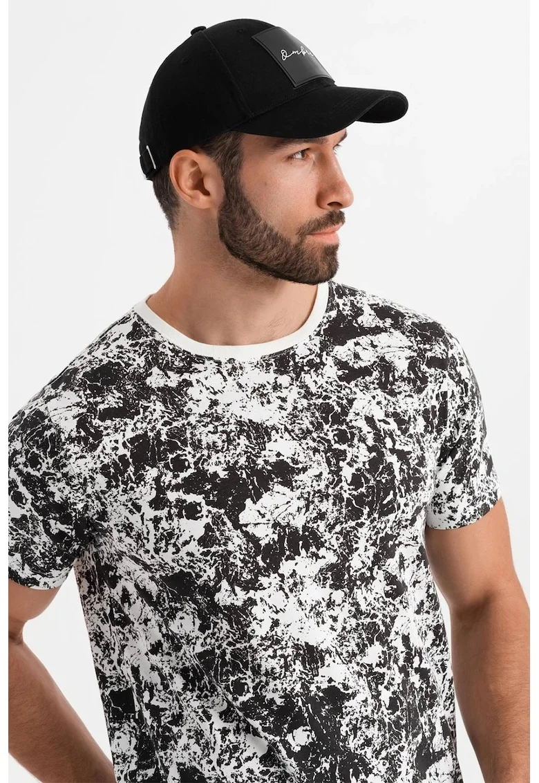 Tricou cu decolteu la baza gatului si model tie-dye, Negru/Alb optic